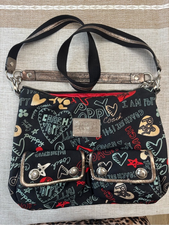 Coach Handbags - Coach Black Multi Poppy Heart Print Crossbody Bag